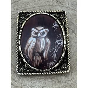 Vintage Owl Cameo Pendant Gold Tone Green Cream Plastic Cameo 2"